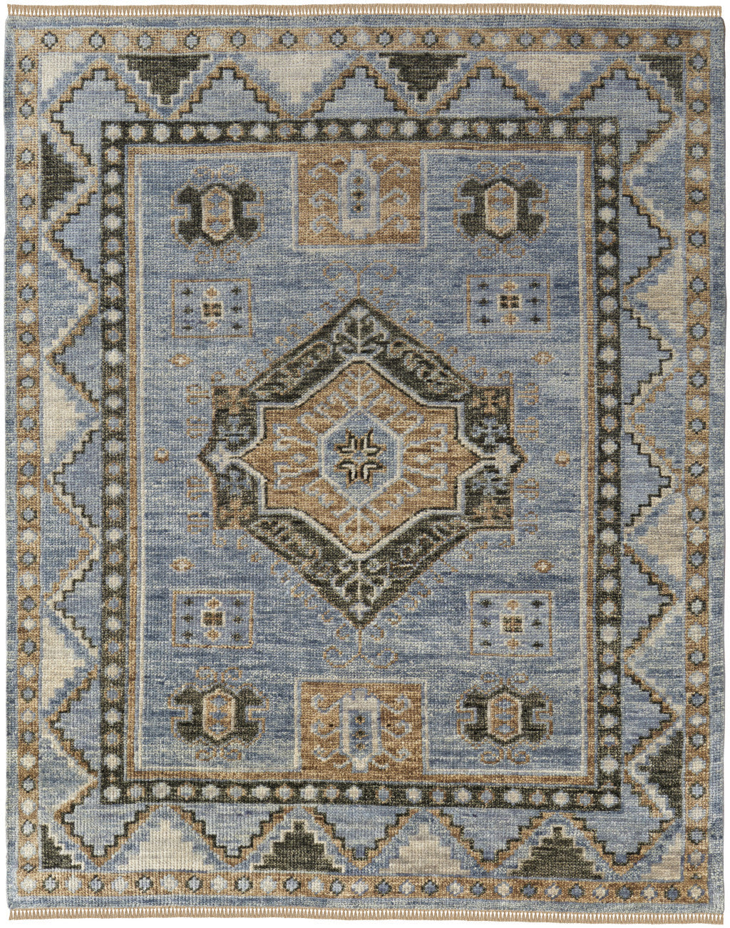 8' Ivory Tan And Blue Wool Oriental Hand Knotted Round Rug With Fringe